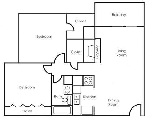 Floor plan for 2 beds, 1 bath, 850 sqft